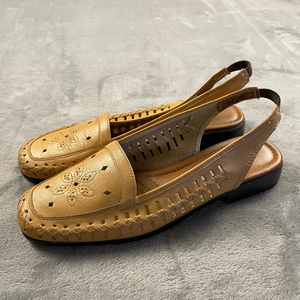 Paces Jen Women's 10W Tan Leather Woven Slingback Loafers Floral Perforated Boho